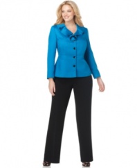 A gorgeous texture, seamed waist and ruffled neckline make Tahari by ASL's jacket stunning. The coordinating pants highlight the jewel-toned jacket hue for a plus size pantsuit with panache!