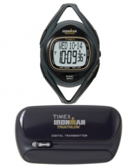 Get your workout on track with the Timex fitness tracker watch. The lightweight transmitter clips to the waist and communicates wirelessly to the watch for ultimate performance. Black resin strap and round case. Digital dial features pace, steps, distance and calories burned. Quartz movement. Water resistant to 50 meters. One-year limited warranty.
