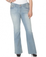 Team your favorite tops with Seven7 Jeans' flare leg plus size jeans, finished by a light wash.