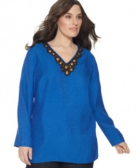 Upgrade your casual style with Jones New York Signature's long sleeve plus size top, enhanced by a beaded neckline.