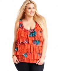 Land some of the season's hottest trends all in one top with Eyeshadow's sleeveless plus size top, featuring tiers of lace and floral-printed ruffles.