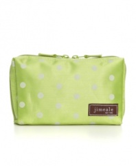 Pretty in polka dots! Store your cosmetics in style with this adorable satin travel bag with a zip-top closure.
