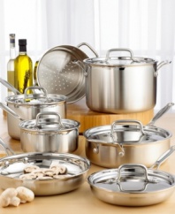A shining example of kitchen competence, this set includes everything you need for great cooking. The special multiclad construction bonds brilliantly polished stainless steel to a core of pure aluminum for the fastest, most even heat distribution. Professional stainless covers with drip-free rims seal in flavors and nutrients, while the generously sized cool-grip handles provide handling safety. Limited lifetime warranty. Qualifies for Rebate