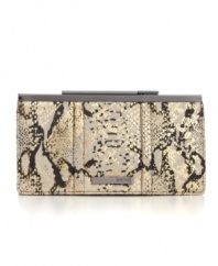 An eye-catching design from Kenneth Cole Reaction, featuring a fun python print and sleek metallic accents. Add wow-factor to any day or night look with this gorgeous frame clutch.