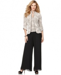 A sparkly printed petite jacket and cami with crisp piped trim make an elegant option for an evening out. Pair with dressy chiffon pants or your favorite floor-length skirt for a dazzling look.
