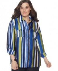 Showcasing a striped print, Jones New York Signature's long sleeve plus size shirt is an excellent match for your neutral bottoms this season.