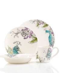 Full of rich detail, Peacock place settings liven up the table with dreamy botanical prints starring the colorful bird. Modern silhouettes in durable stoneware are designed to enjoy every day. From the Edie Rose by Rachel Bilson dinnerware collection.