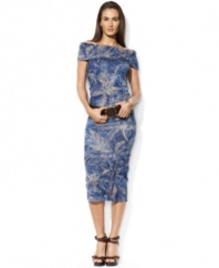 An elegant batik print lends effortless glamour to the breezy cowlneck petite dress in featherweight fine-ribbed cotton from Lauren by Ralph Lauren.