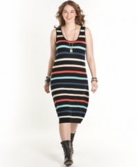 Score on-trend style with American Rag's sleeveless plus size sweater dress, spotlighting a striped pattern.