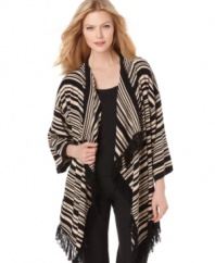A paired-down silhouette emphasizes the graphic stripes on Calvin Klein's open-front cardigan. A soft fringe trim adds movement to the mix!