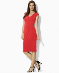 An elegant cowl neckline and slinky ruched waist lend chic modern style to a fluid matte jersey petite dress from Lauren by Ralph Lauren, finished with a hint of stretch for a flattering fit.