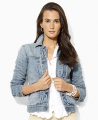 A classic-fitting petite jacket from Lauren by Ralph Lauren is rendered in washed denim for a timeworn appearance and feel.