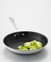Fry, sauté and sear your creations to delicious perfection in this professional-quality nonstick fry pan. 3-ply bonded construction consists of brushed aluminum exterior, a pure aluminum core that extends up the sides for even heat distribution, and an easy-to-clean layer of durable, scratch-resistant nonstick. Brushed stainless steel handle stays cool to the touch. Hand washing recommended. Manufacturer's limited lifetime warranty.