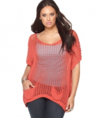 Add a cool layer to your tanks with American Rag's short sleeve plus size sweater, crafted from a crocheted knit.