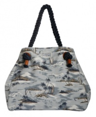 Printed with a tropical island motif, the canvas tote purse by Lucky Brand captures the relaxed feeling of summer.