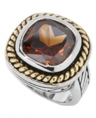 A conversation piece perfect for cocktail hour. City by City's neutral-hued ring features a smokey topaz-colored cubic zirconia (22 ct. t.w.) set in two tone mixed metal with intricate rope edging. Sizes 6, 7 and 8.
