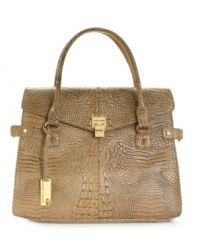 Marc Fisher's Dress for Success purse combines boxy with foxy, in an embossed reptile pattern.