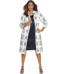 A sequined, beaded jacket with a swirling print makes a bold statement on Tahari by ASL's latest plus size dress suit.