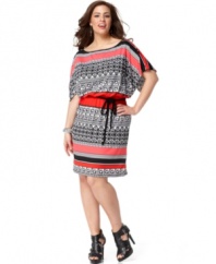 Get standout style with Love Squared's short sleeve plus size dress, featuring a belted waist and bold print!