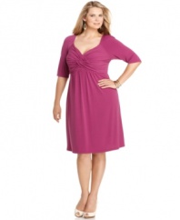 A knotted front elegantly enhances Spense's elbow sleeve plus size dress-- wear it from day to dinner!