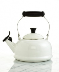 Whistling for you. This beautiful enameled steel kettle will remind you to take a break. Features a unique locking handle and phenolic knob making it easy to lift and pour. Wide lid area makes clean up a snap! Limited lifetime warranty.