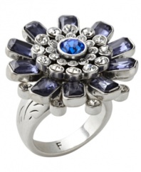 Elegant and exquisite. A unique layered silhouette adds a luxe look to Fossil's stunning cocktail ring. Featuring a glittering array of blue and clear crystals, it's set in vintage silver tone mixed metal. Size 7.
