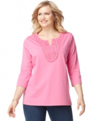 A crocheted neckline adds a charming appeal to Charter Club's three-quarter sleeve plus size top-- snag all the colors at an Everyday Value price!