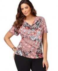 A draped neckline lends an chic finish to Elementz' short sleeve plus size top, featuring a vibrant print. (Clearance)