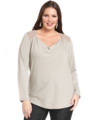 A draped neckline and lace accents lend feminine flavor to DKNY Jeans' long sleeve plus size top-- pair it with your favorite casual bottoms.