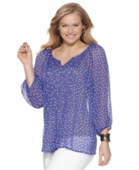 Be an image of sheer perfection with Charter Club's three-quarter sleeve plus size top, highlighted by a pintucked front.