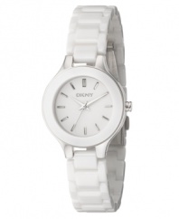 Dress with designer perfection. This DKNY watch features a lacquered white ceramic bracelet and round case. White dial with silvertone stick indices and logo. Quartz movement. Water resistant to 50 meters. Two-year limited warranty.