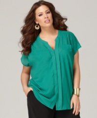 A pleated front lends an chic finish to DKNYC's short sleeve plus size top-- dress it up with trousers or down with denim.