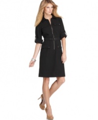 A coveted look this season, this petite MICHAEL Michael Kors zip-front dress flaunts utility details for a trendy look.