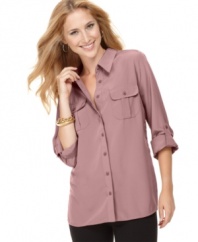 Elementz updates the three-quarter sleeve petite shirt with utility-chic styling-- it's perfect for work and after!