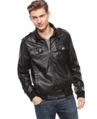 Let's ride! You'll be ready to head out onto the open road in this hip faux-leather moto jacket from Buffalo Jeans.