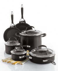 The cookware of professionals. This premium, hard-anodized cookware set is constructed with an exceptionally effective nonstick coating -- inside and out -- and an aluminum core that provides great, consistent cooking results. Limited lifetime warranty.