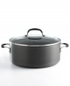 Consistent heat from the hard-anodized aluminum core coupled with a superior nonstick interior and exterior gives this covered dutch oven cooking credibility. Its oversized unique vessel shape and glossy black enamel exterior take it from the oven to the table. 10-year warranty.