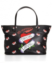 Wear your heart on your sleeve (or rather on your handbag) with this True Love tote by Ed Hardy. This cotton bag features small scattered hearts with an oversized rhinestone detailed center graphic.