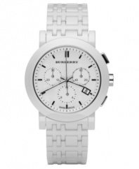 This Burberry watch features a white ceramic strap and round case. Chronograph white dial with black stick indices, logo, date window and three subdials. Swiss made. Quartz movement. Water resistant to 50 meters. Two-year limited warranty.