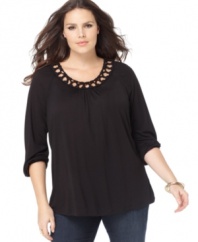 A macrame neckline lends a charming feel to MICHAEL Michael Kors' three-quarter sleeve plus size top-- it's ideal for your weekend looks!