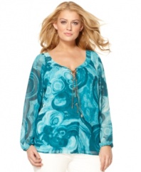 A dynamic print electrifies MICHAEL Michael Kors' long sleeve plus size top, accented by a lace-up front.