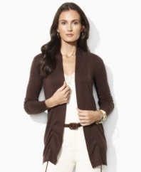 Lauren by Ralph Lauren's petite Kerstin open-front cardigan is crafted with a chic drawstring placket and can be worn long or cropped with the strings tied.