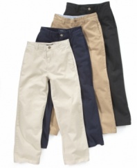 The versatility of twill makes this Nautica pant a stylish dress-up choice with a crisp fit, but the feel is soft and casual all the way. A great addition to his school uniform wardrobe.