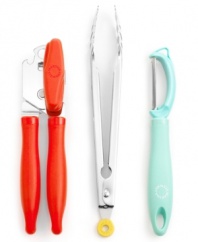 Make things easy on yourself with do-it-all tools! This comprehensive set includes the basics of any busy kitchen-handy dandy tongs, peeler and can opener-in fun colors that brighten up any space and stand out in drawers.