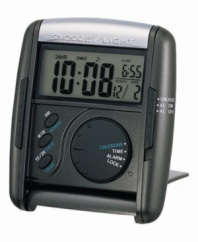 Wake up anywhere on time with this multifunctional digital alarm clock from Seiko. Rectangular black mixed metal case and digital dial with automatic calendar, alarm, snooze and logo. Battery included. Measures approximately 3-1/2 x 3 x 3/4. One-year limited warranty.
