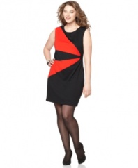 Catch onto one of the season's must-have looks with Spense's sleeveless plus size dress, highlighted by colorblocking.