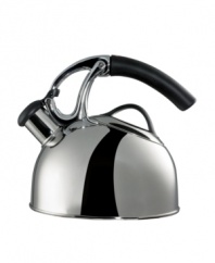 Lift and tip this whistling tea kettle and the spout pops open automatically for effortless pouring. Ergonomically designed for exceptional comfort, the soft, non-slip handle is heat-resistant for added safety. With a 2-qt. capacity and a large opening for simple filling and cleaning. Manufacturer's lifetime limited warranty.