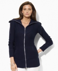 Constructed in a reverse jersey-knit from smooth combed cotton yarns, the luxe full-zip cardigan plays up cool-weather dressing with a chic convertible collar and ribbed-knit bib from Lauren Jeans Co.