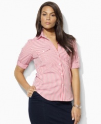 This plus size Lauren by Ralph Lauren cotton shirt updates classic workwear styles with a striped pattern and chic rolled sleeves.