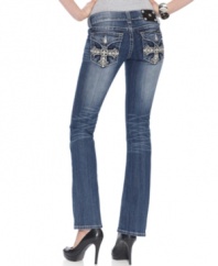 Embroidered crosses & rhinestone embellishments add eye-catching appeal to these Miss Me bootcut jeans -- perfect for a hot look!
